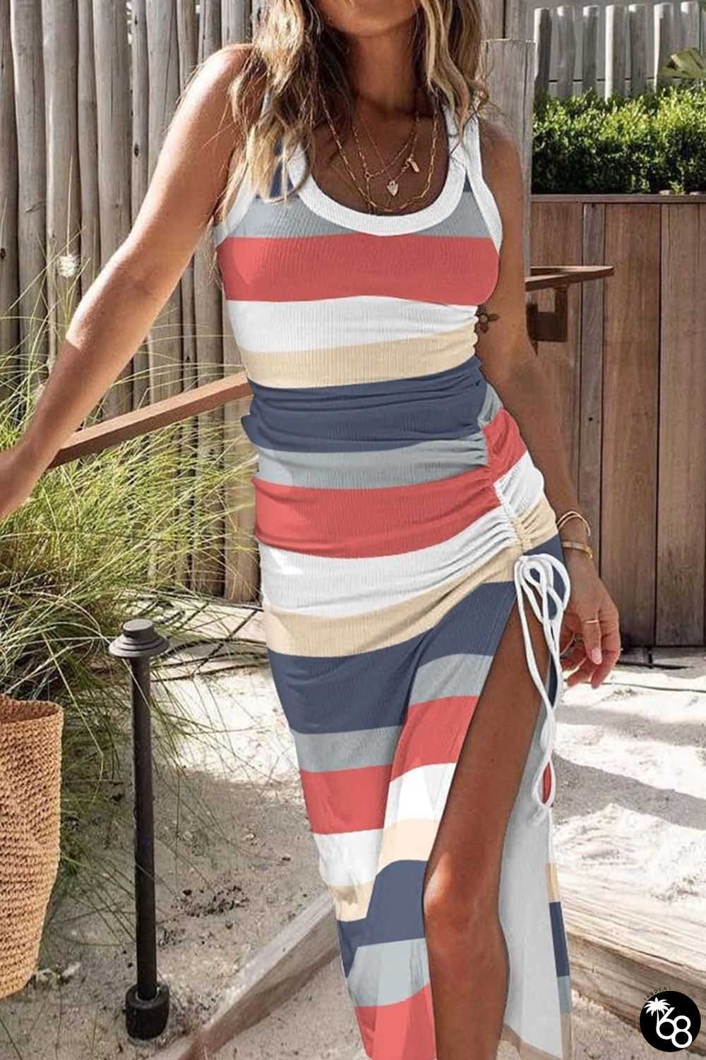 Stripe Casual Print Patchwork Draw String Slit U Neck One Step Skirt Dresses | 168DEAL