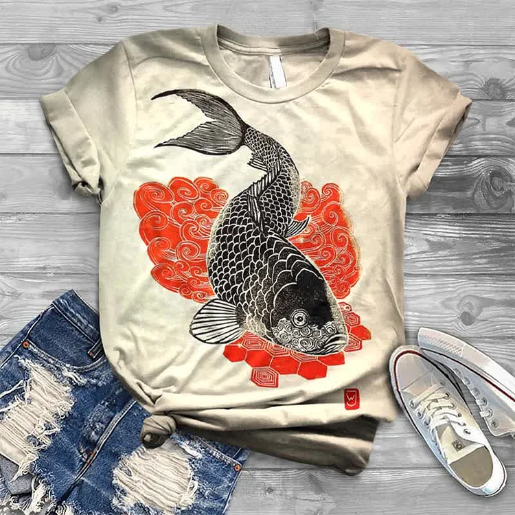 Koi Fish On The Waves Japanese Print T-shirt