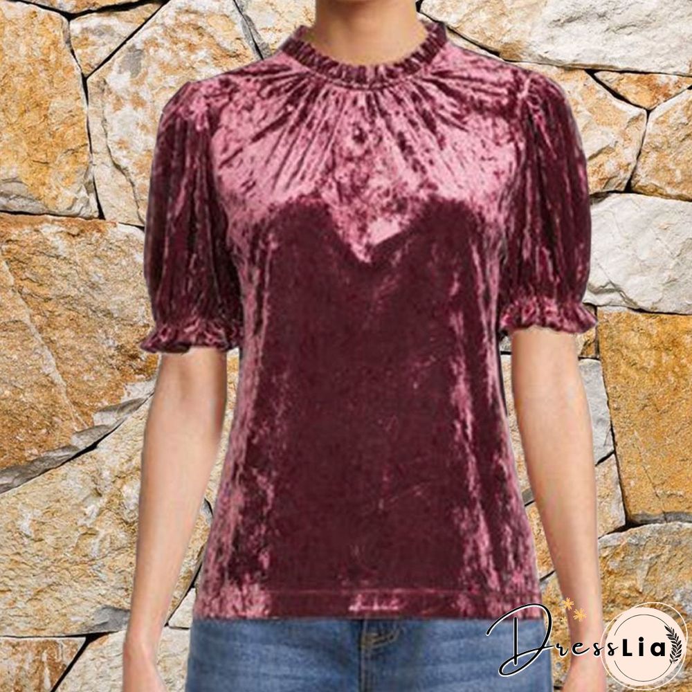Red Puff Sleeve Velvet Shirt