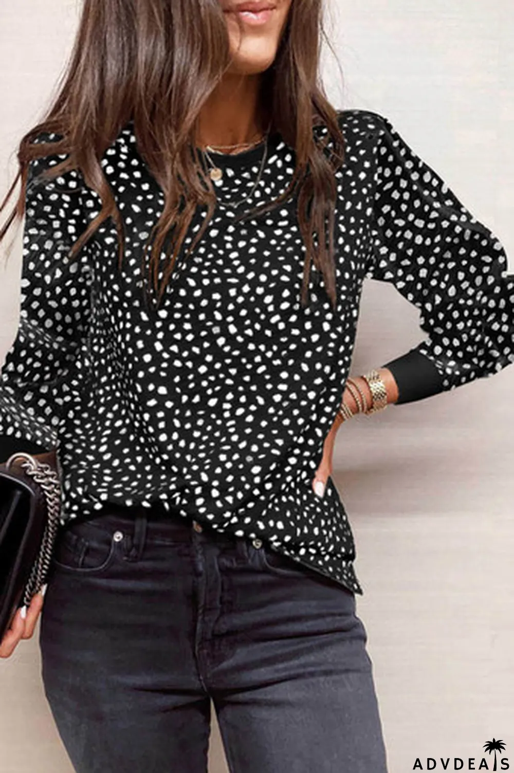 Black Animal Spotted Print Round Neck Long Sleeve Top