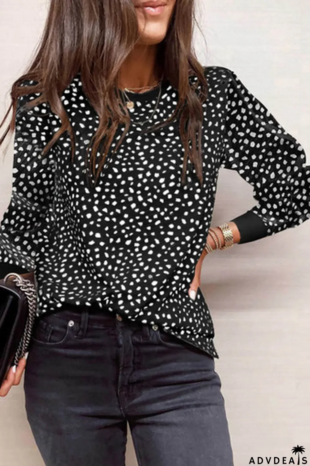 Black Animal Spotted Print Round Neck Long Sleeve Top