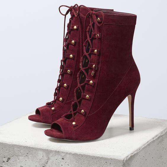 VCSHOES Peep Toe Lace Up High Heel Calf Boots