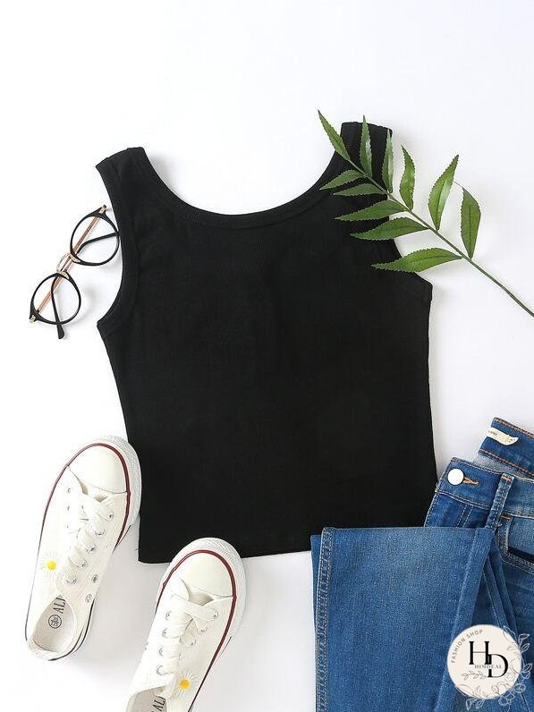 Button Detail Scoop Neck Tank Top