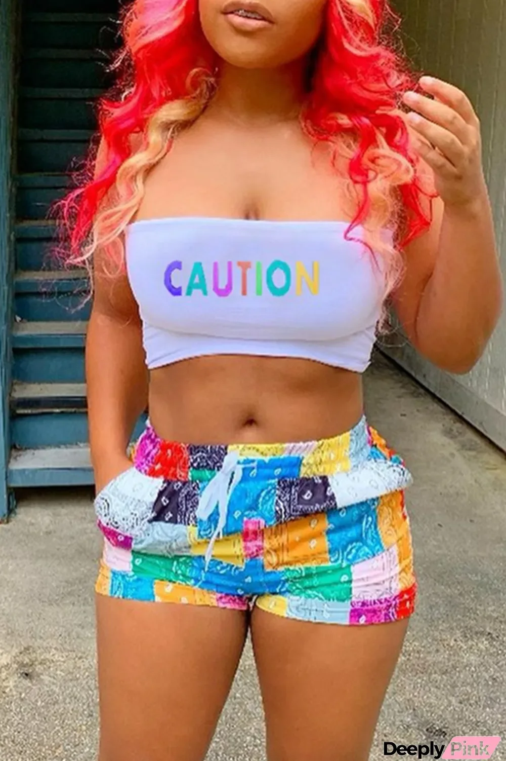 Multicolor Sexy Casual Letter Print Basic Strapless Sleeveless Two Pieces