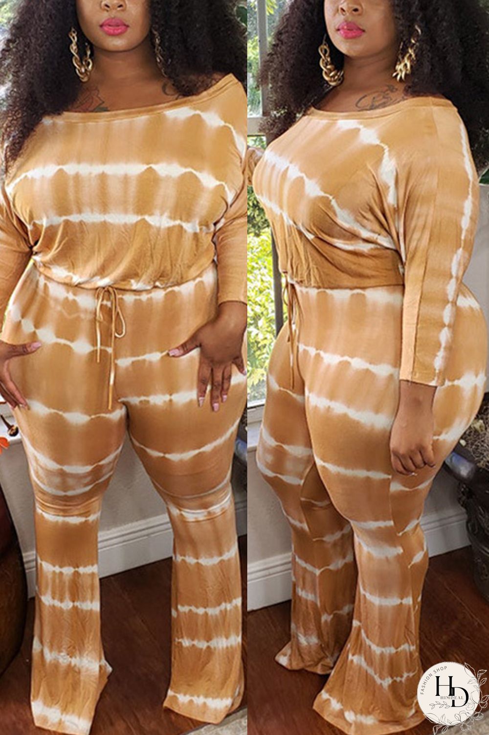 Yellow Fashion Casual Print Basic O Neck Plus Size Jumpsuits