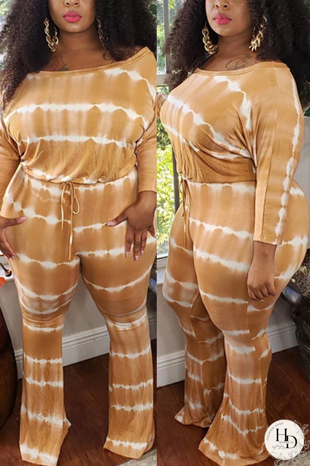 Yellow Fashion Casual Print Basic O Neck Plus Size Jumpsuits