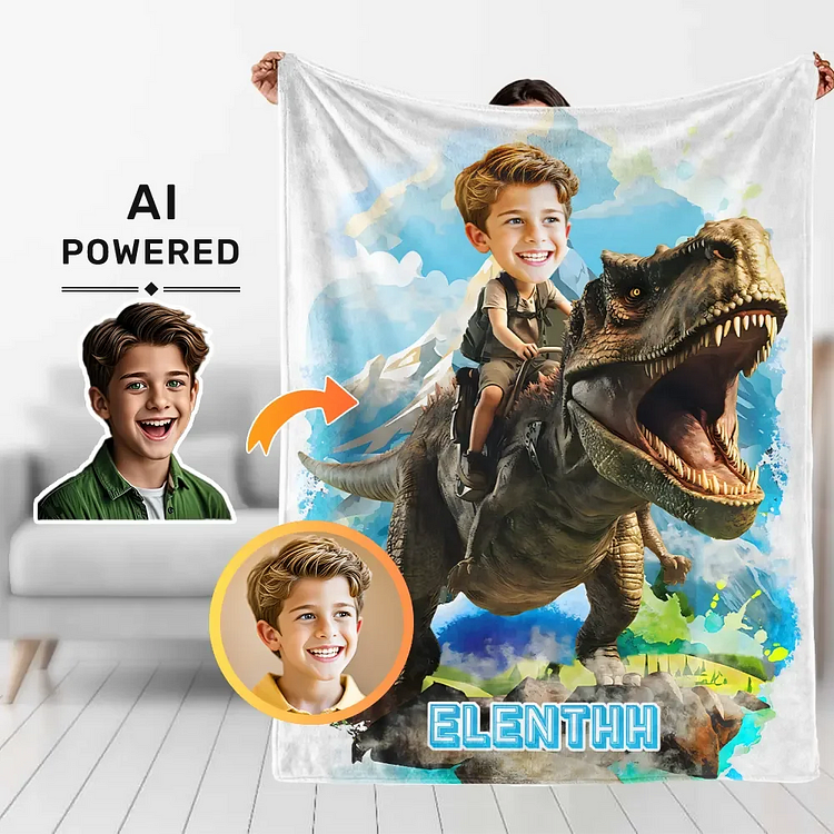Custom Photo Blankets AI-Powered 3D Boy Ride Dinosaur Personalized Blankets With Your Photo
