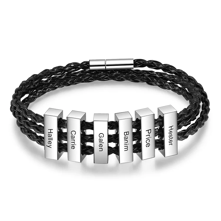 Men's Braided Leather Three-Layer Bracelet With 6 Names Engraved