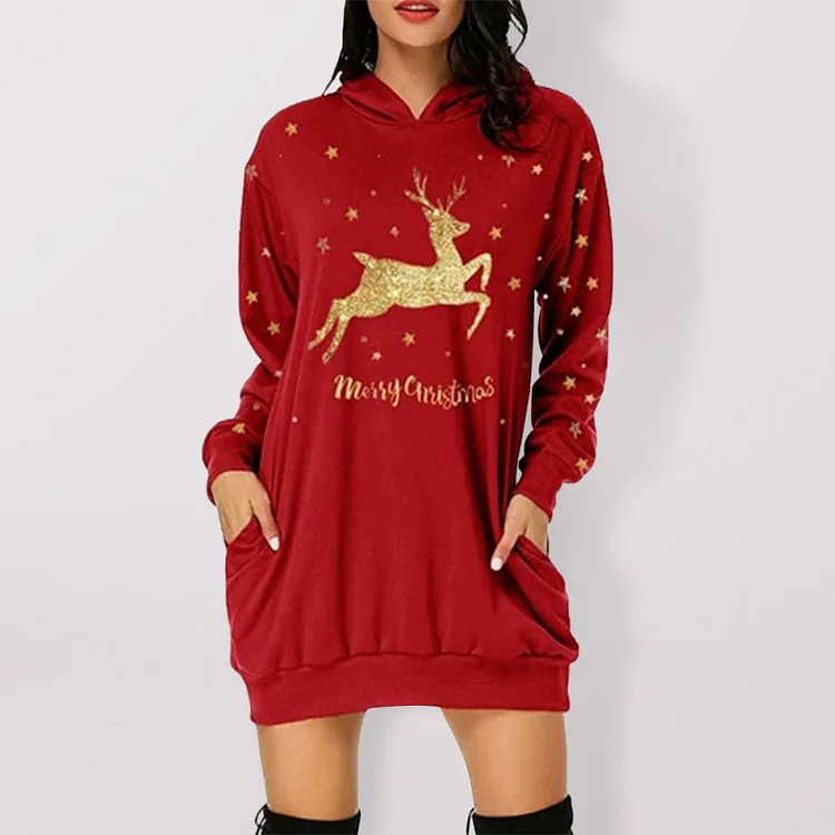 Christmas Print Medium Long Pocket Hooded Long Sleeve Sweatshirt Women Flusfy