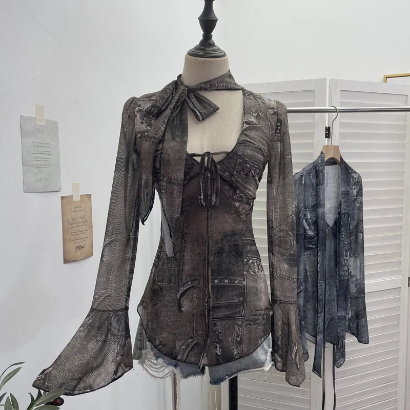 Nigikala Nigikala Hollow Tying With Low-Necked Bow Ribbon Dizzy Red Elastic Mesh T-Shirt Top 8036