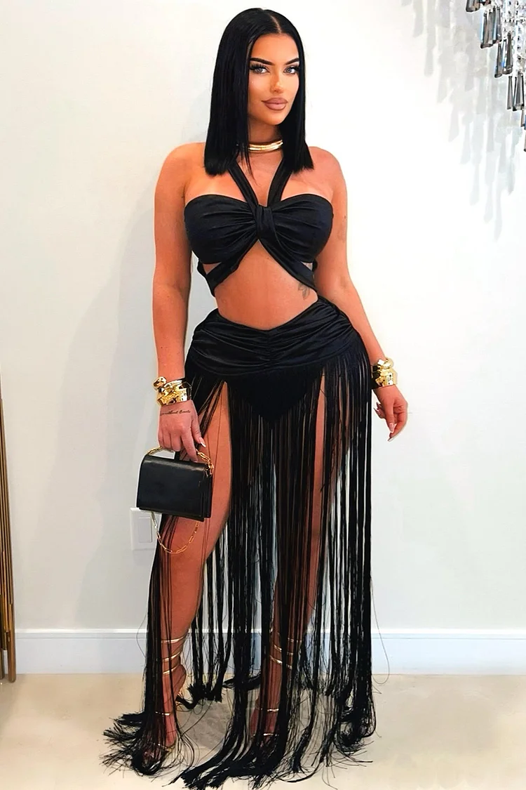 Gathered Halter Crop Top Fringe Maxi Skirt Party 2pcs Set-Orange