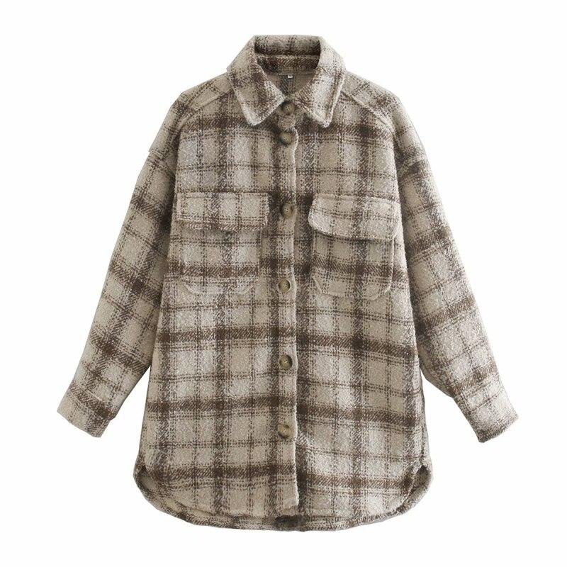 PUWD Vintage Woman Loose Camel Old School Plaid Shirt 2020 Fashion Ladies Autumn Oversized Outwear Female Casual Pocket Jackets