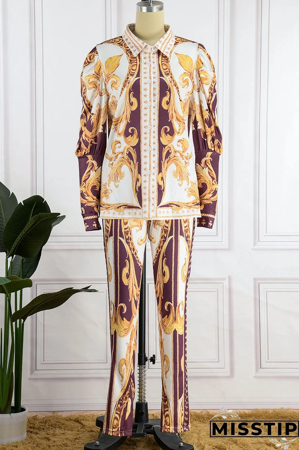 Deep Blue Casual Print Patchwork Turndown Collar Long Sleeve Two Pieces