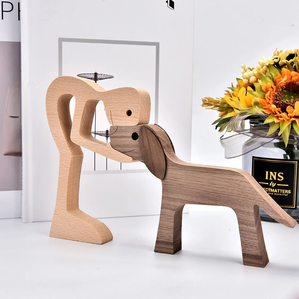 Wood Puppy Family Table Figurin Decor Ornaments Wooden Dog Craft Statue Home Decoration Cute Human and Pets Sculpture Craft Gift
