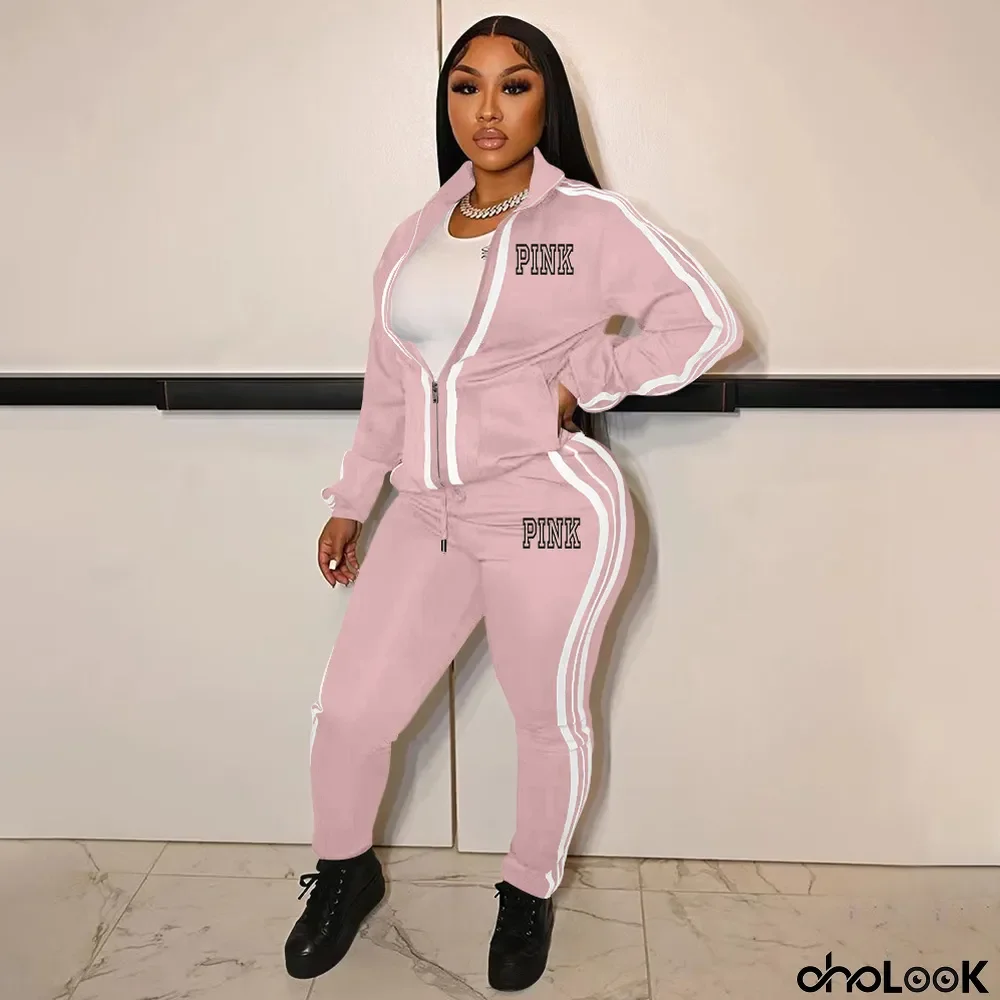 PINK Letter Print Patchwork Sport Two Piece Pant Set