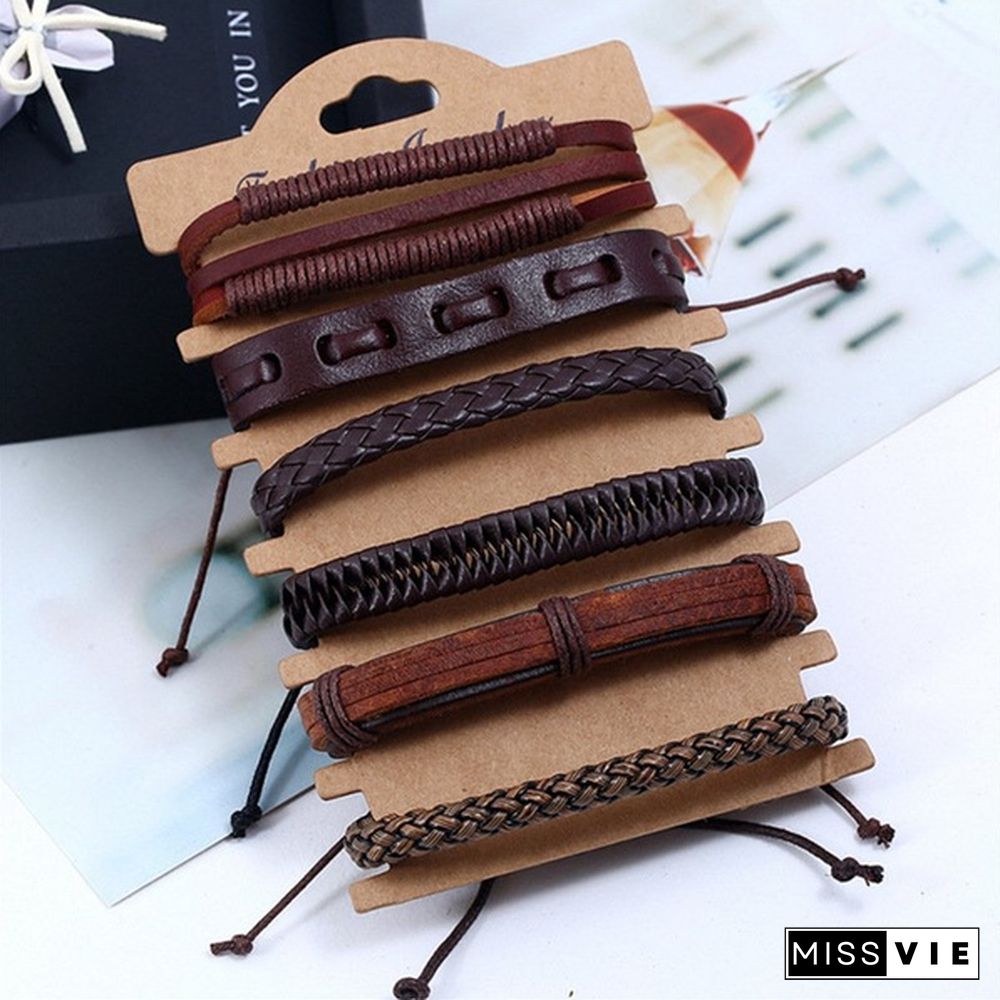 6pcs/set Vintage Punk Leather Bracelet Wristband Bangle Men Jewellery Gift