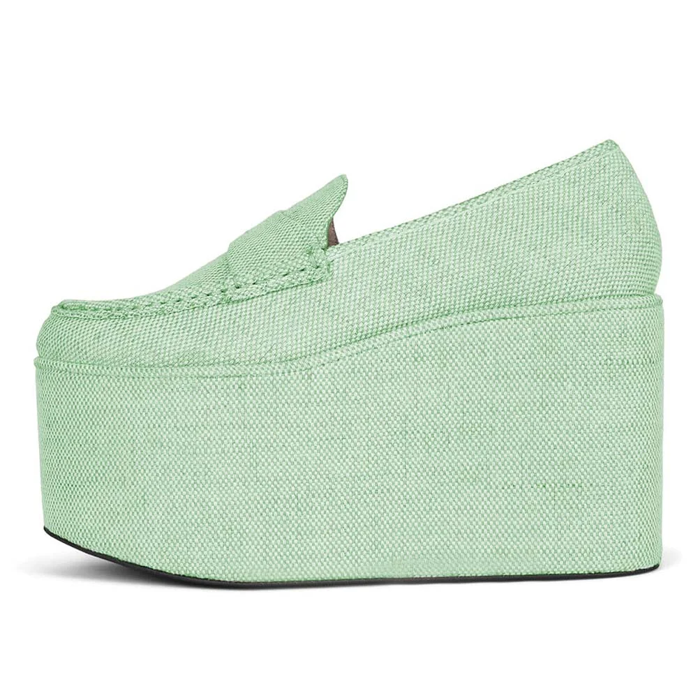 Round Toe Platform Wedge Heel Loafer Shoes Women in Light Green