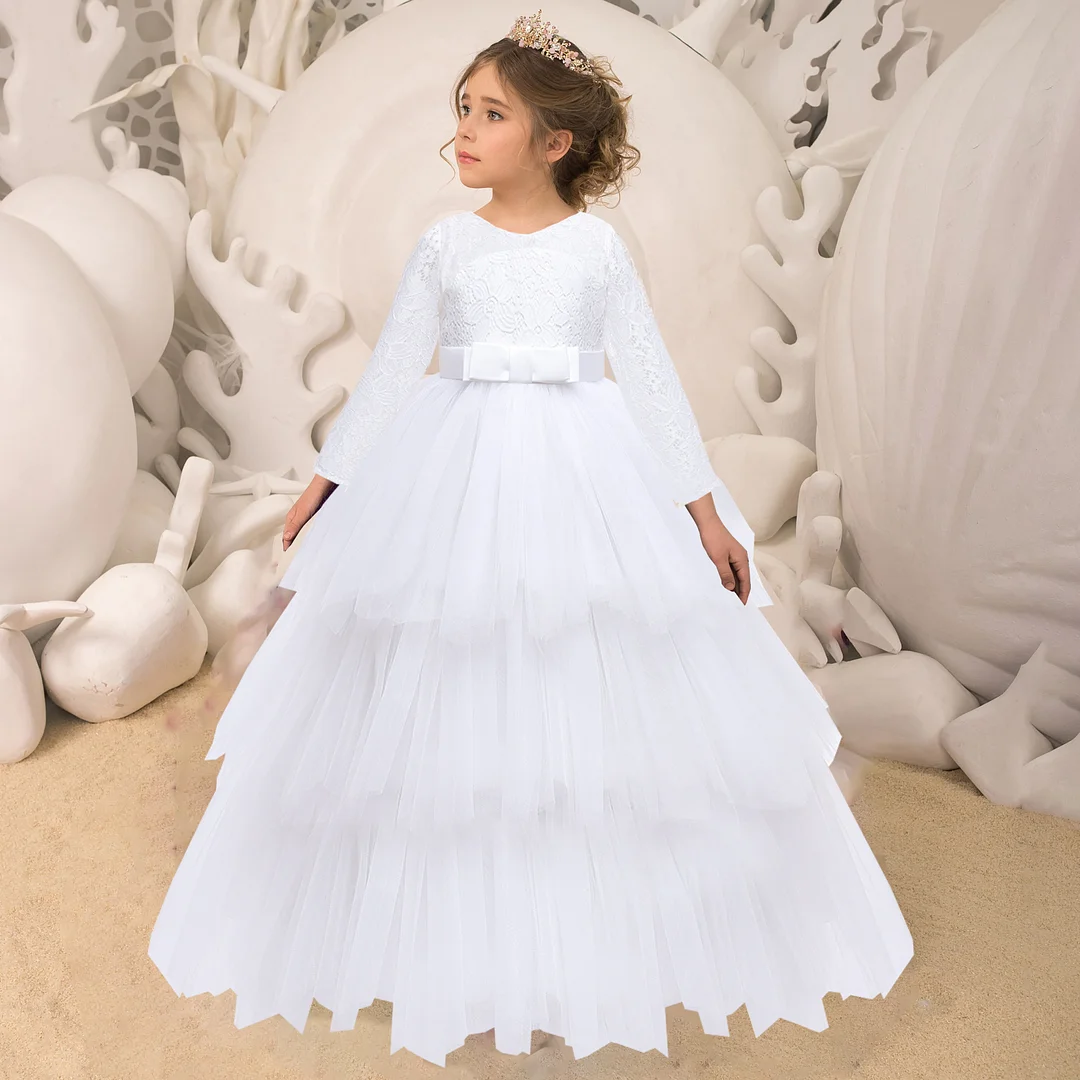 Formal Summer White Bridesmaid Girls Dress Lace Long Sleeve Wedding Party Princess Dress Pageant Gown Children Costume 14 Years