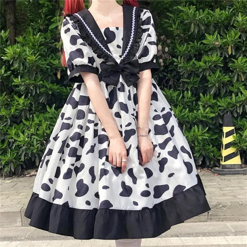 Lovely Cow Print Jfashion Lolita Navy Neck Bow Dress SS1660