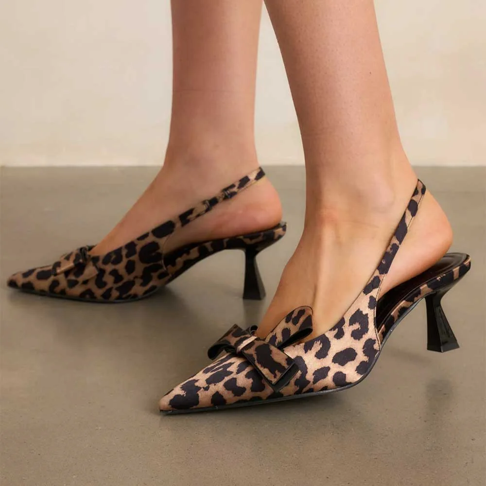 Brown Leopard Print Pointed Toe Bow Slingback Shoes with Flared Heel