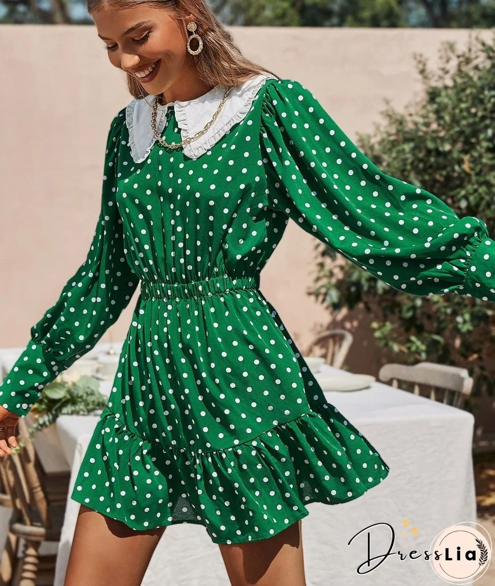 Polka dot puff sleeves ruffle holiday mini dress women Vintage elastic waist vestidos Patchwork peter pan collar dresses