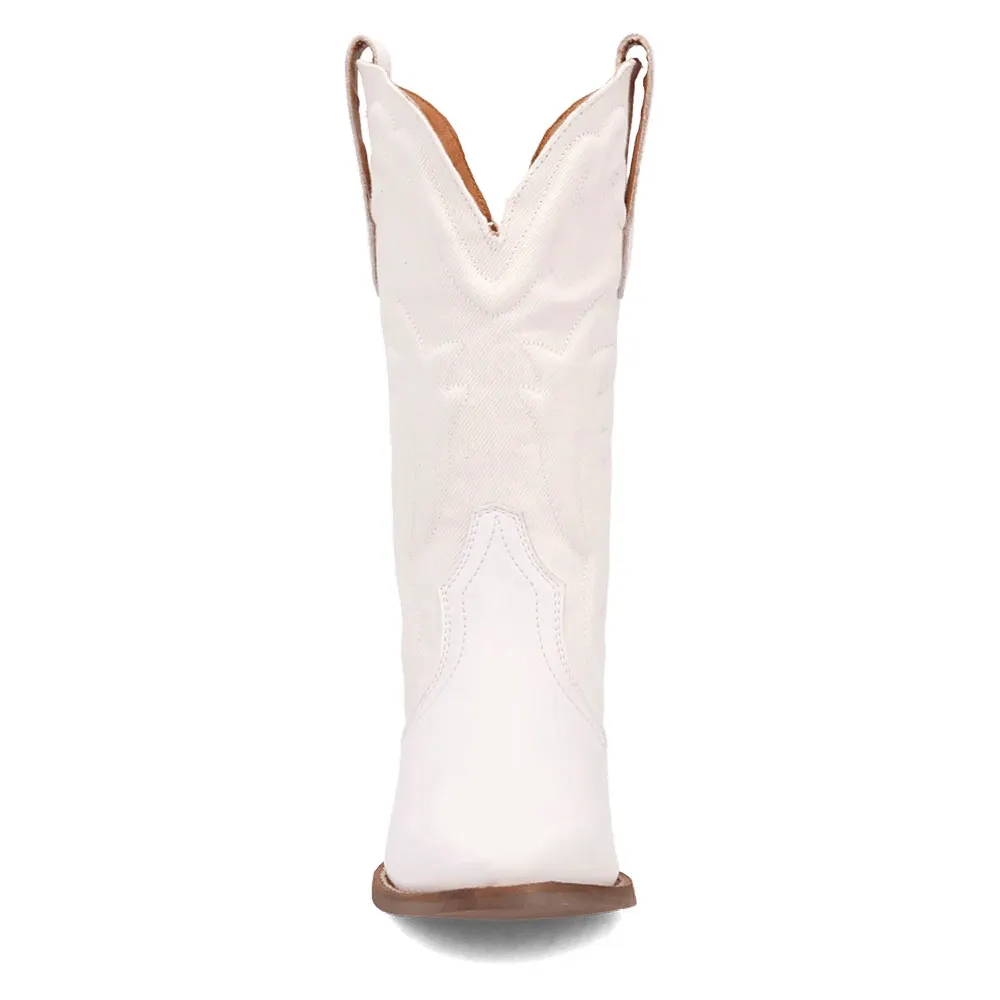 White Pointed Toe Chunky Heel Pull On Stitching Mid Calf Cowgirl Boots