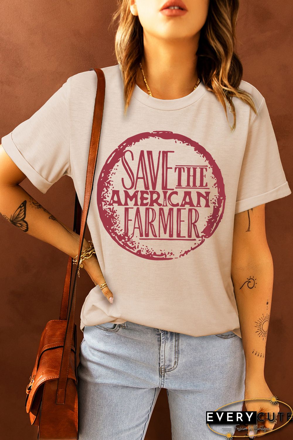 Khaki SAVE THE AMERICAN FARMER Graphic Print Tee