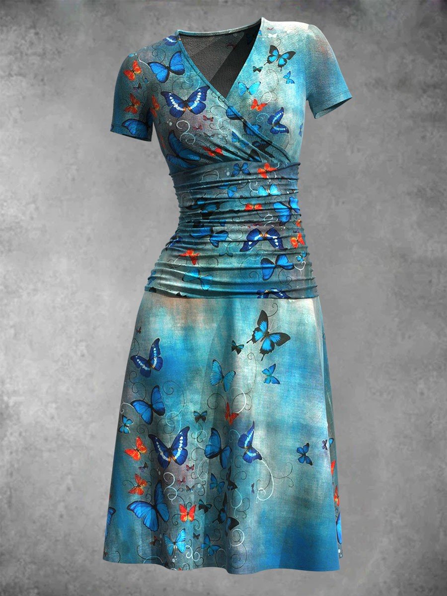 Vintage Butterfly Art Print Short Sleeve V Neck Midi Dress