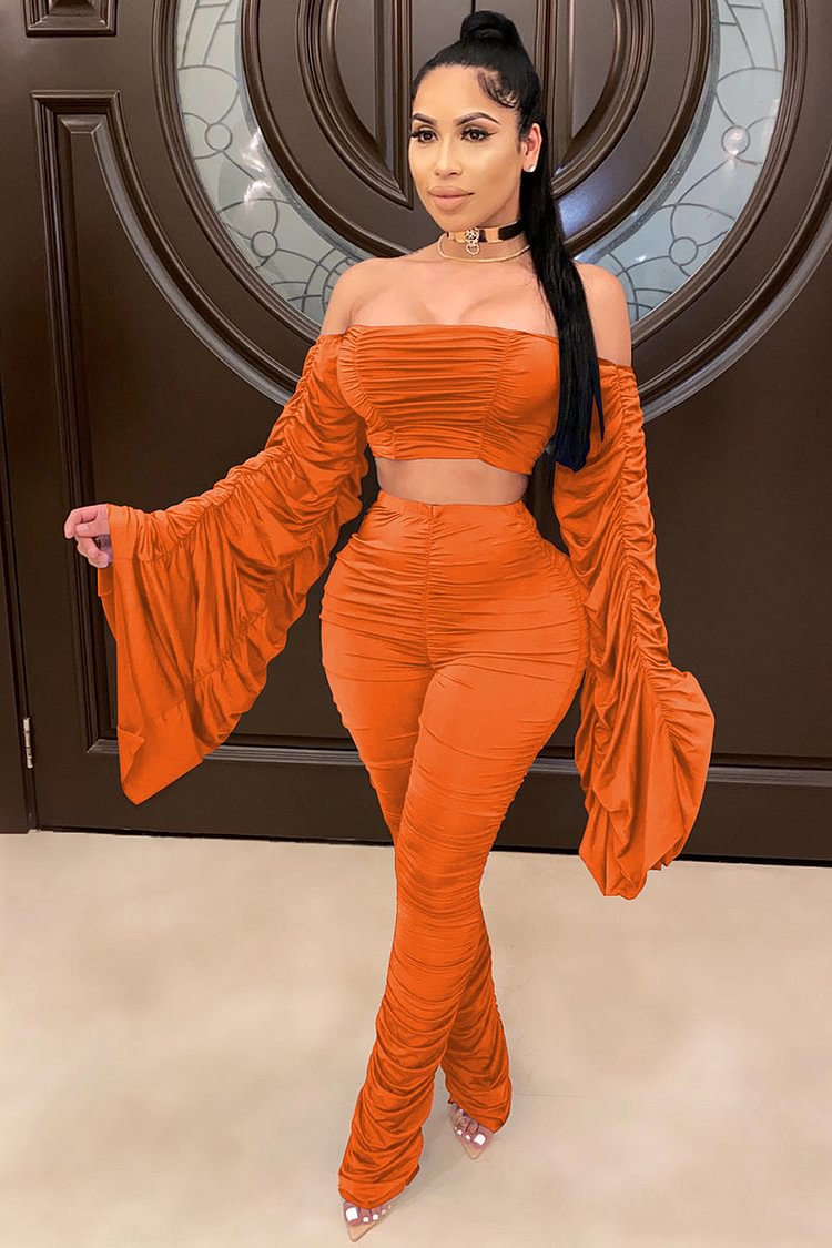 Off Shoulder Long Flare Ruched Sleeve Crop Top Top Two Pieces Pants Set