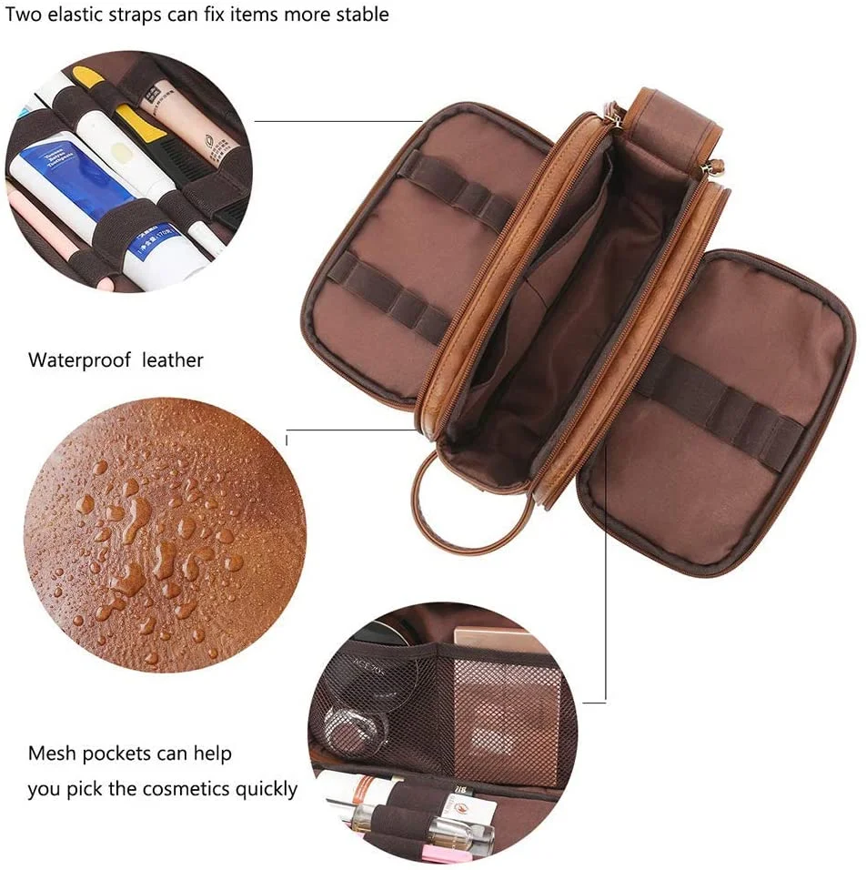 Toiletry Bag for Men, Large Capacity Travel Shaving Dopp Kit All In One Bathroom Toiletries Organizer Leather Cosmetic Bag (Brown)