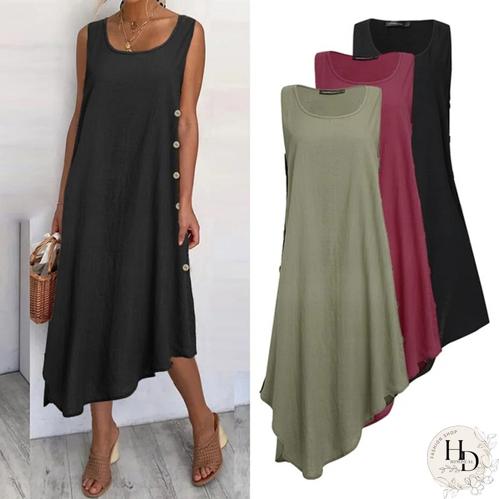 Fashion Women Summer Sleeveless Tank Dress Asymmetrical Hem Cotton Casual Loose Long Maxi Dress Plus Size