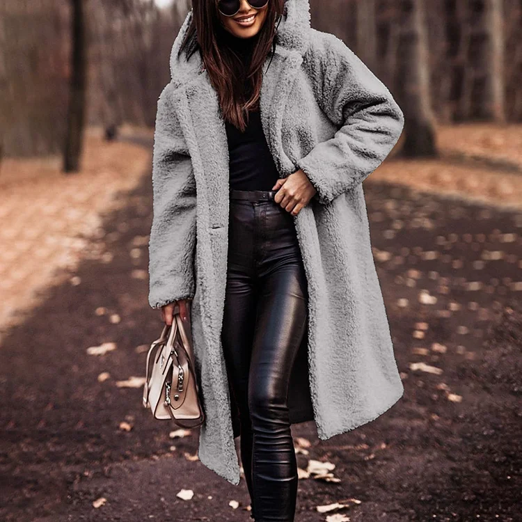 VChics VChics Fashionable Solid Color Double Sided Plush Hooded Long Coat