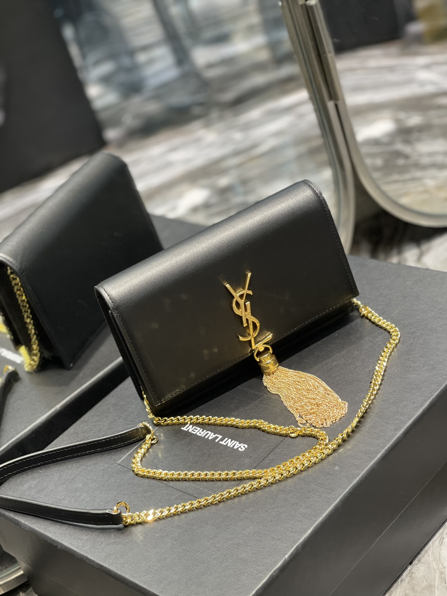 YSL Kate Monogram Tassel Bag in Black Smooth Leather
