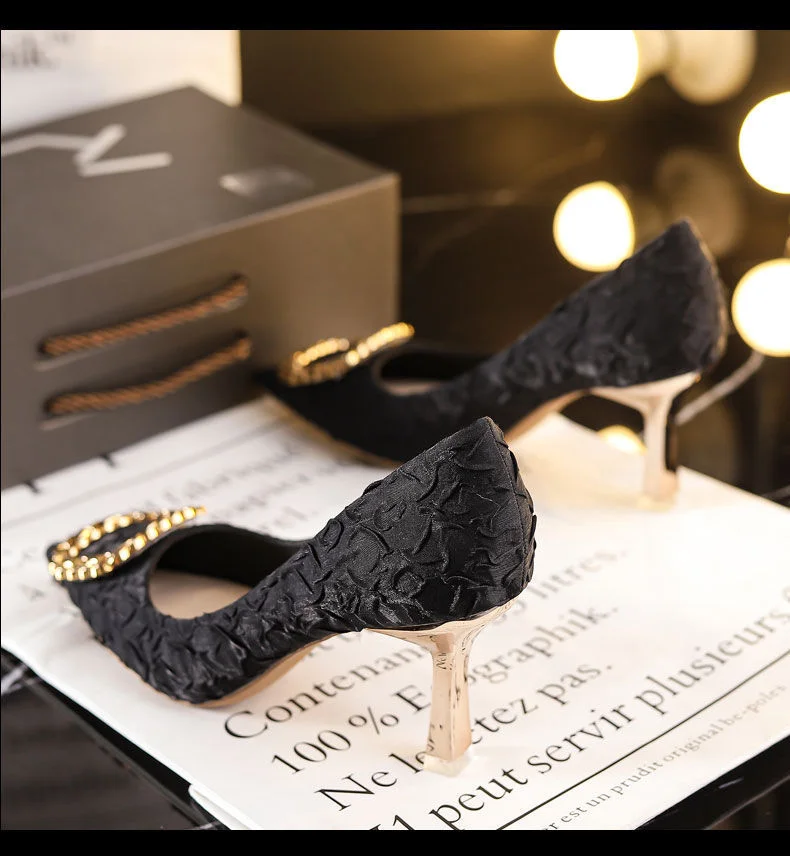 Qengg Women's Shoes Spring 2022 Korean Metal High Heels Stiletto Pumps Beige Shallow Mouth Square Buckle Woman Dress Working Shoes