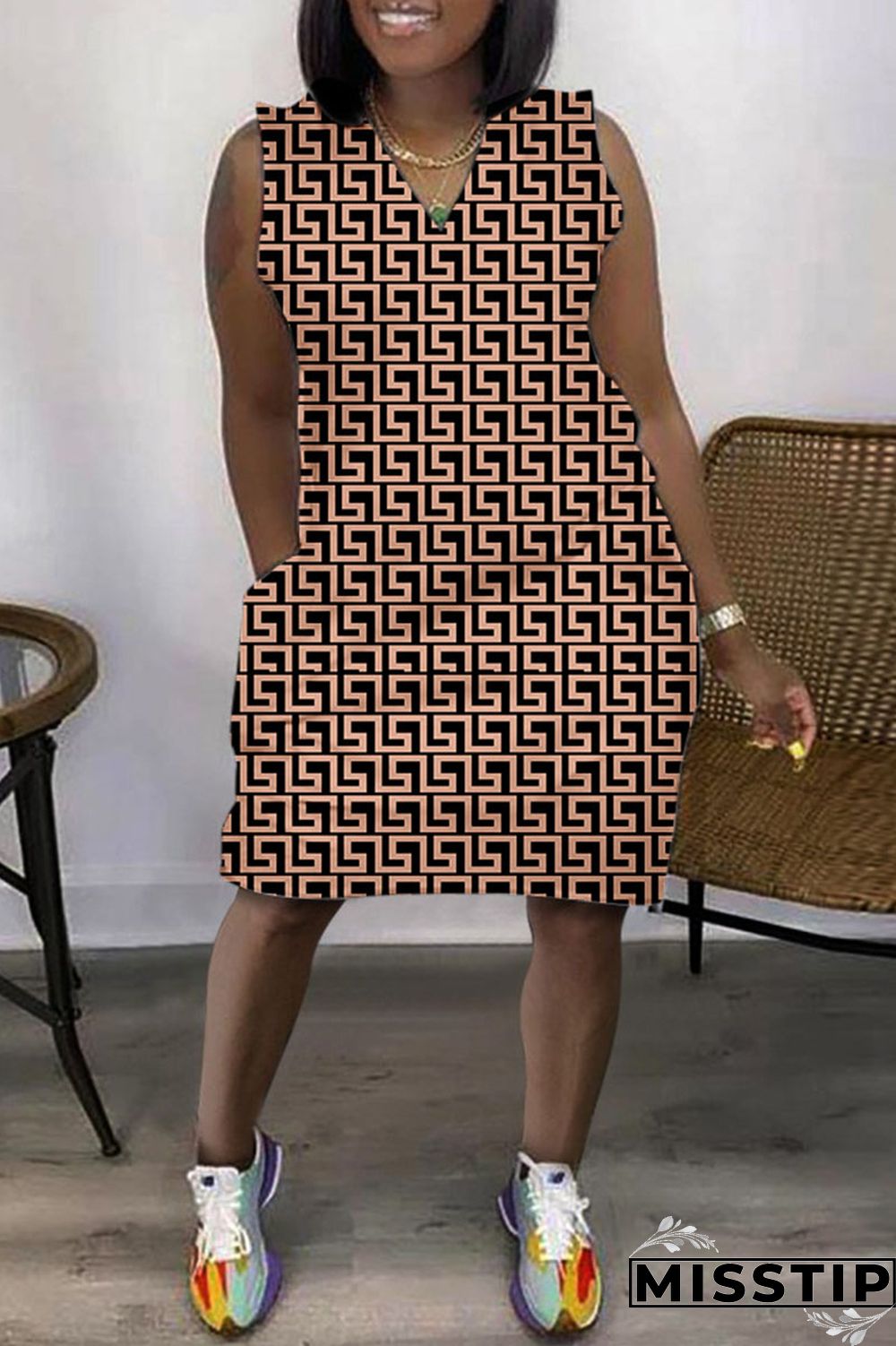 Black Apricot Casual Print Basic V Neck Sleeveless Dress Dresses