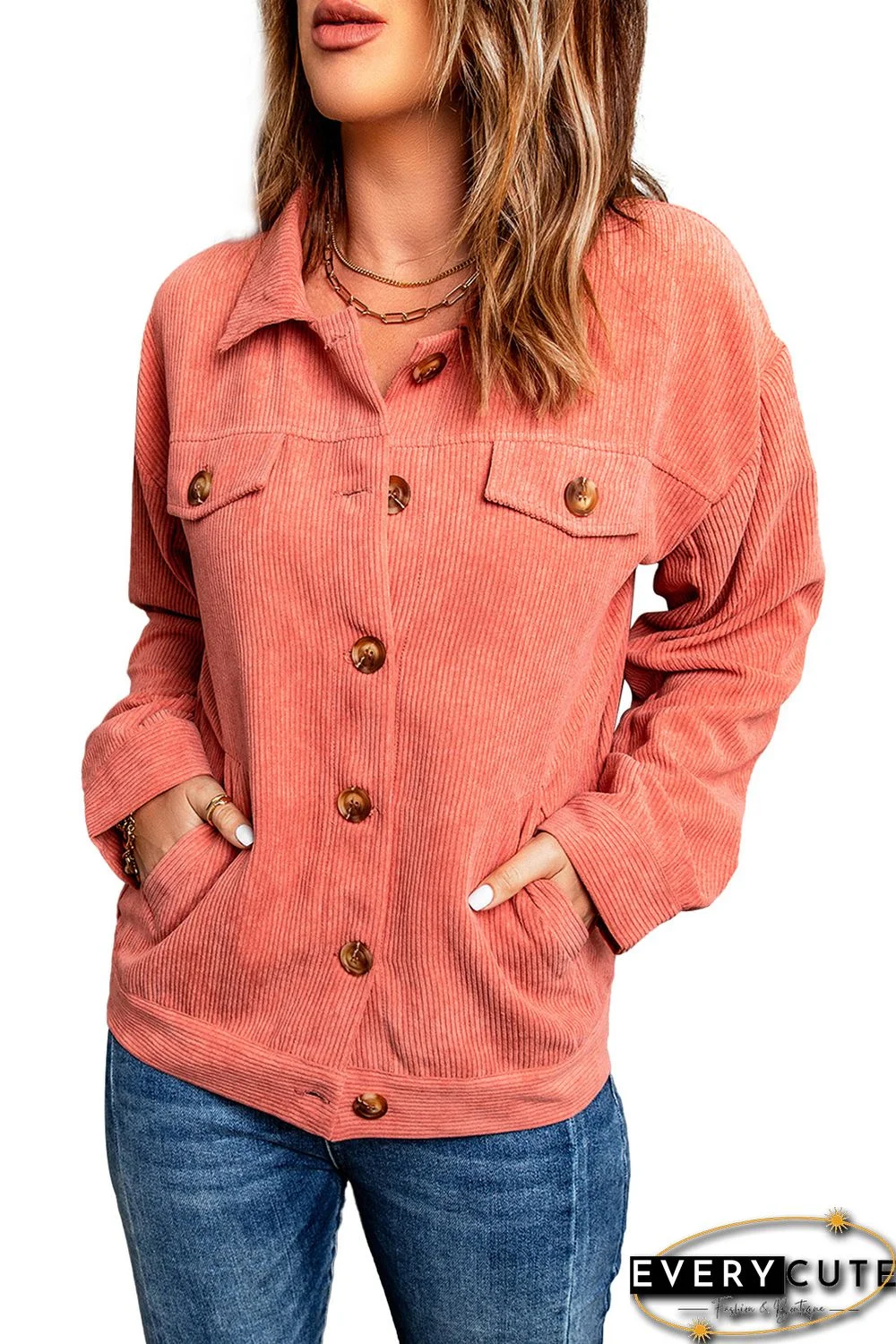 Pink Ribbed Corduroy Long Sleeve Jacket with Pocket