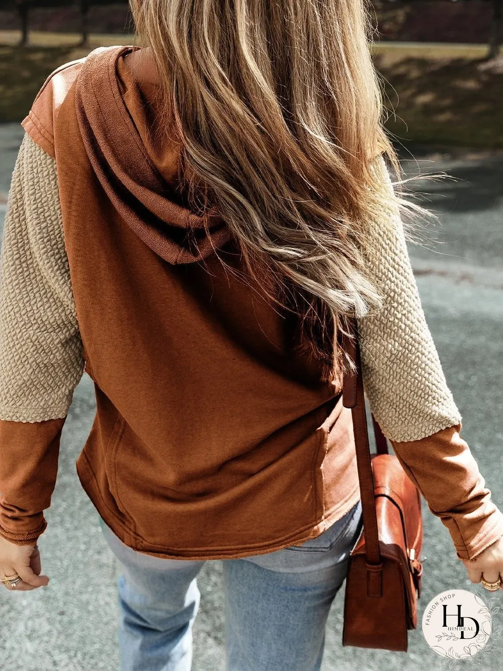 Chestnut Patchwork Colorblock Hoodie with Contrast Sleeves