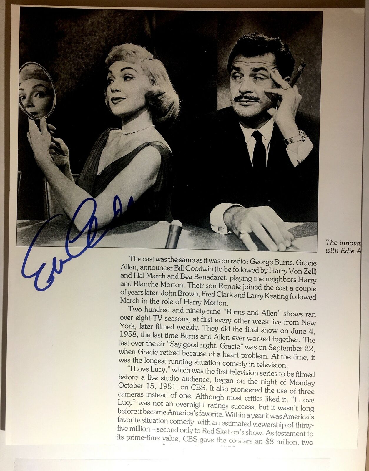 Edie Adams Signed 8x10 Magazine Page Photo Poster painting Broadway Movie TV Actress Autograph