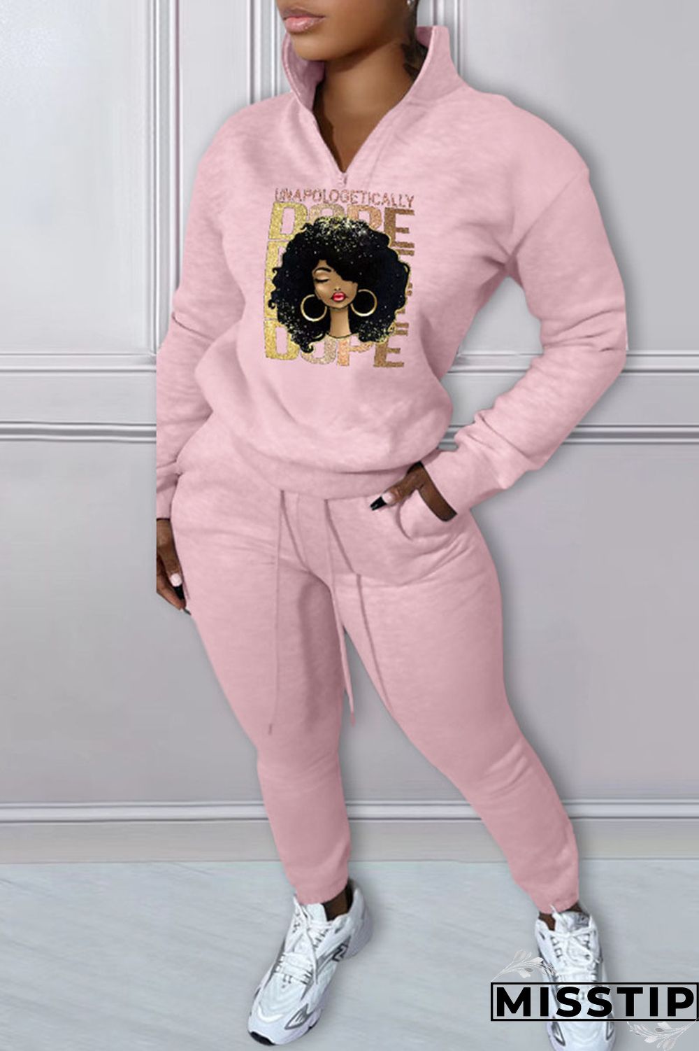 Green Casual Print Patchwork Zipper Collar Long Sleeve Two Pieces