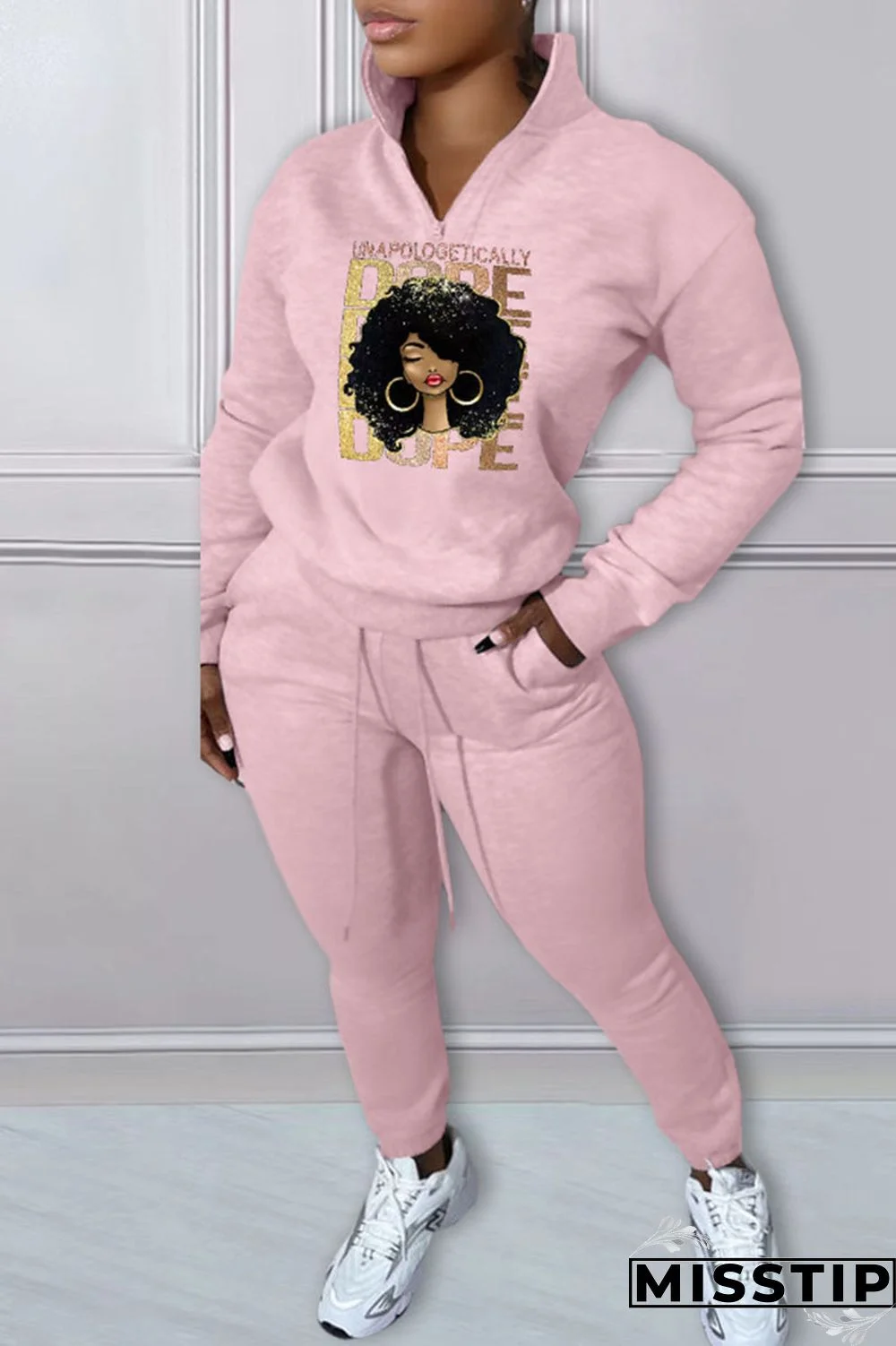 Green Casual Print Patchwork Zipper Collar Long Sleeve Two Pieces