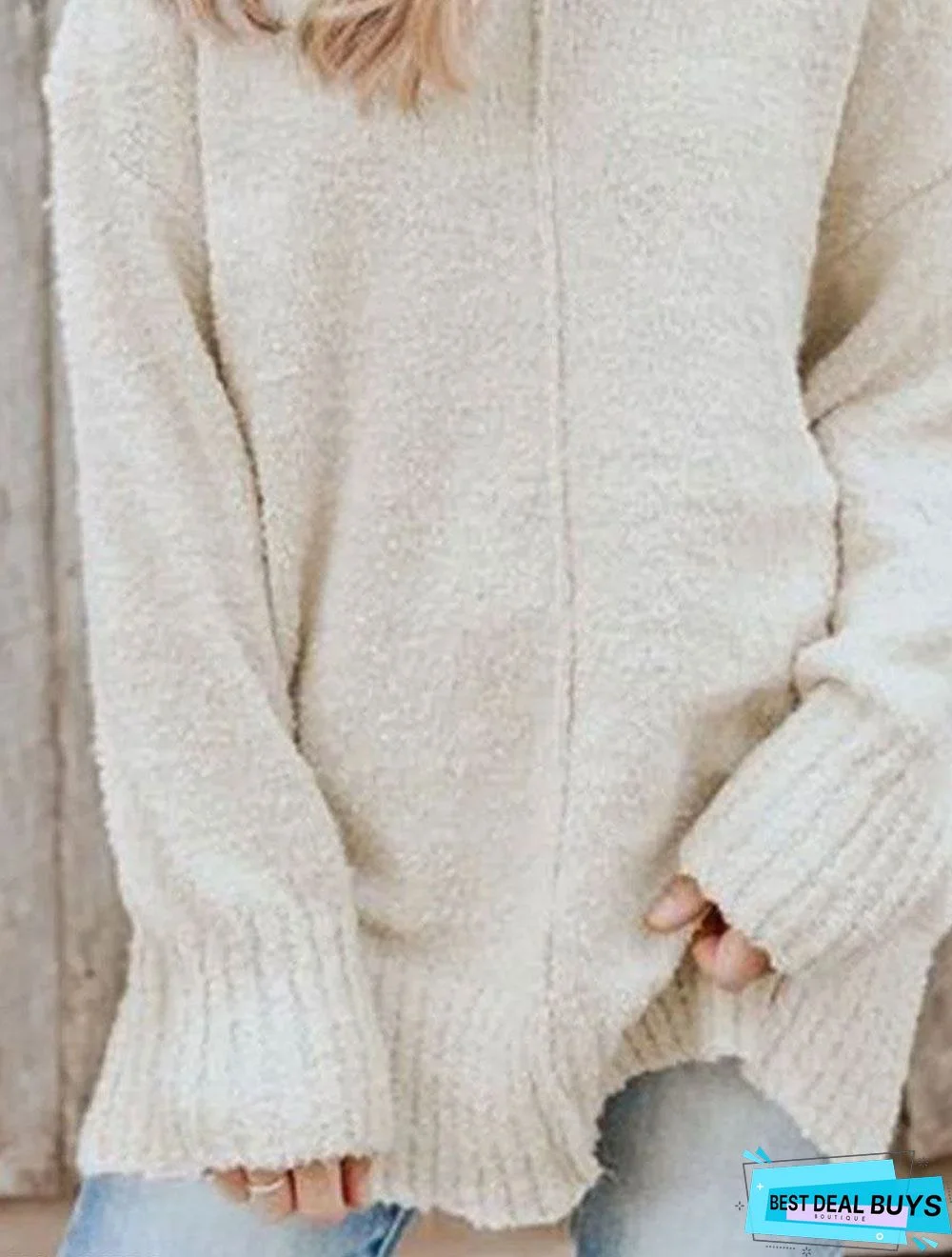 V-neck Casual Loose Solid Color Sweater Pullover