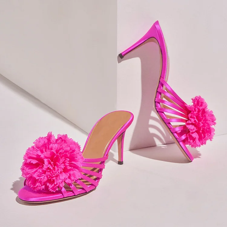 Hot Pink Stiletto Slingback Heel Satin Shoes Women's Peep Toe Strappy Sandal Flower Heels |FSJ Shoes