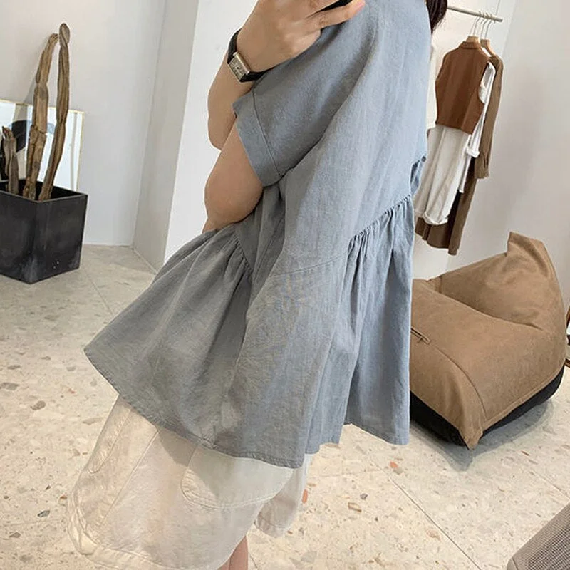 Shirts Women O-neck Short Sleeve Pockets Asymmetrical Loose Solid Simple All-match Korean Style Daily Ladies A-line Female Tops