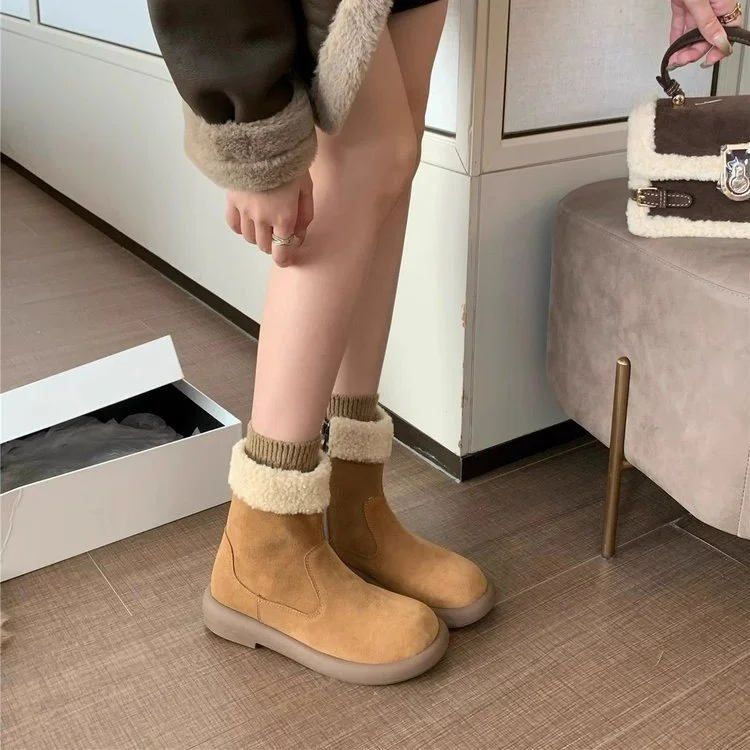 Yyvonne Boots Women Winter New Sen Series Retro Plus Velvet Cotton Shoes Flat Hair Short Boots Woman