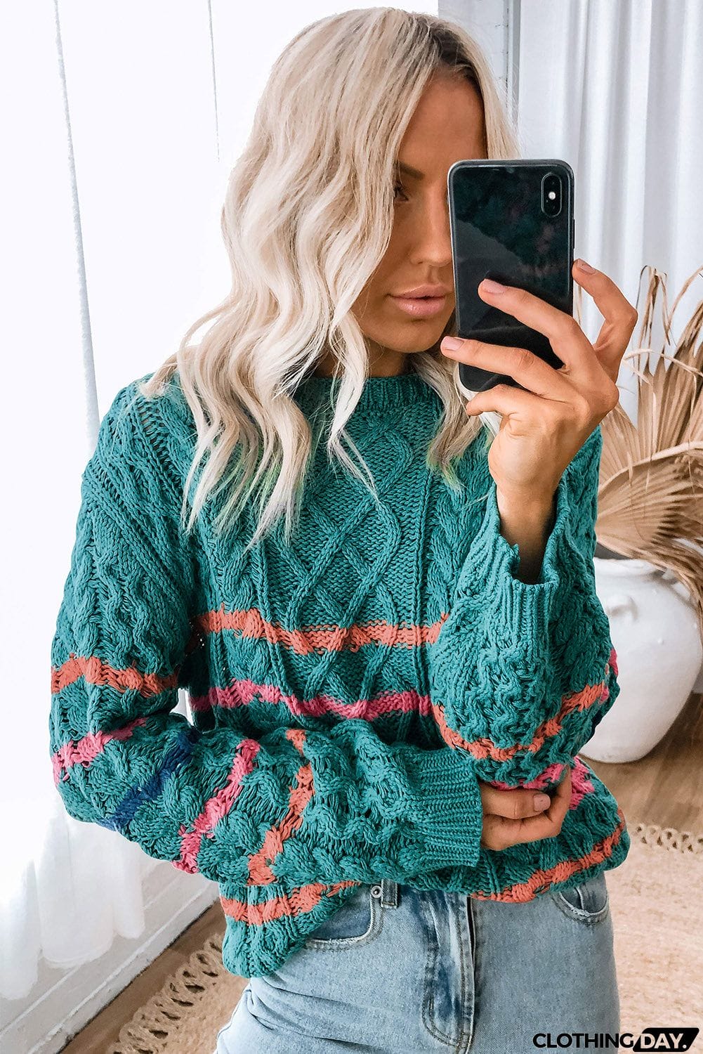 Striped Color Block Textured Knit Pullover Sweater