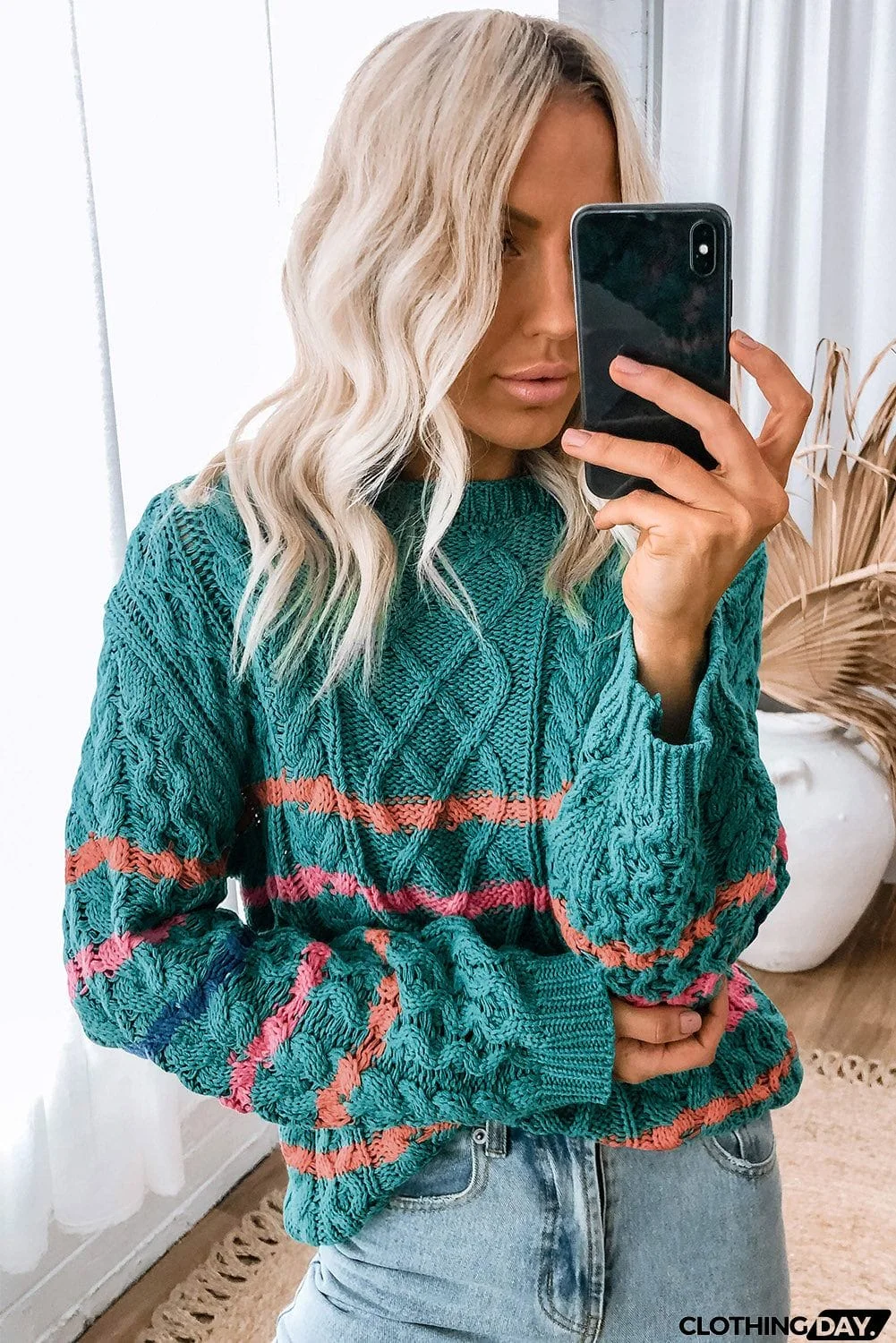 Striped Color Block Textured Knit Pullover Sweater