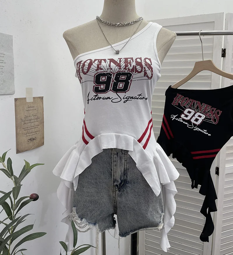 Nigikala Nigikala Shooting Hottie Slant Shoulder Short Letter Print T-Shirt Summer Waist Thin Sling Vest Sleeveless Top 2736