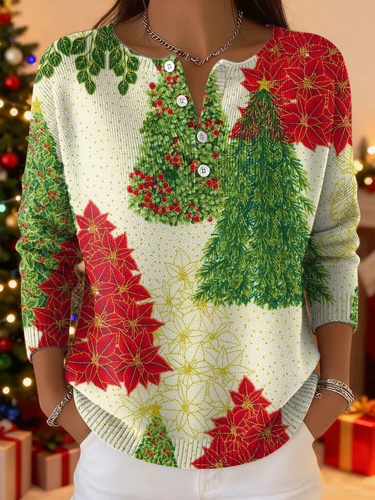 Women's Christmas Trees Pattern Art Print Buttoned Cardigan Sweater