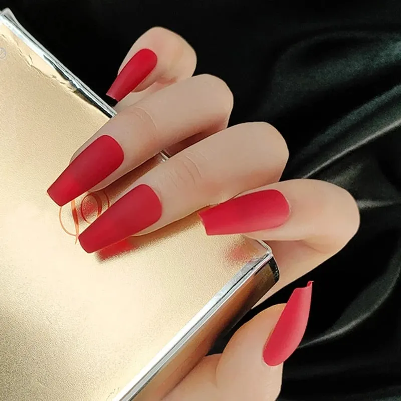 24pcs Rose Pattern Red Wine False Nail Fake Nails Coffin Glossy Press On Nails False Girls Ballerina full cover Fingernails Tips-Nail Inspo