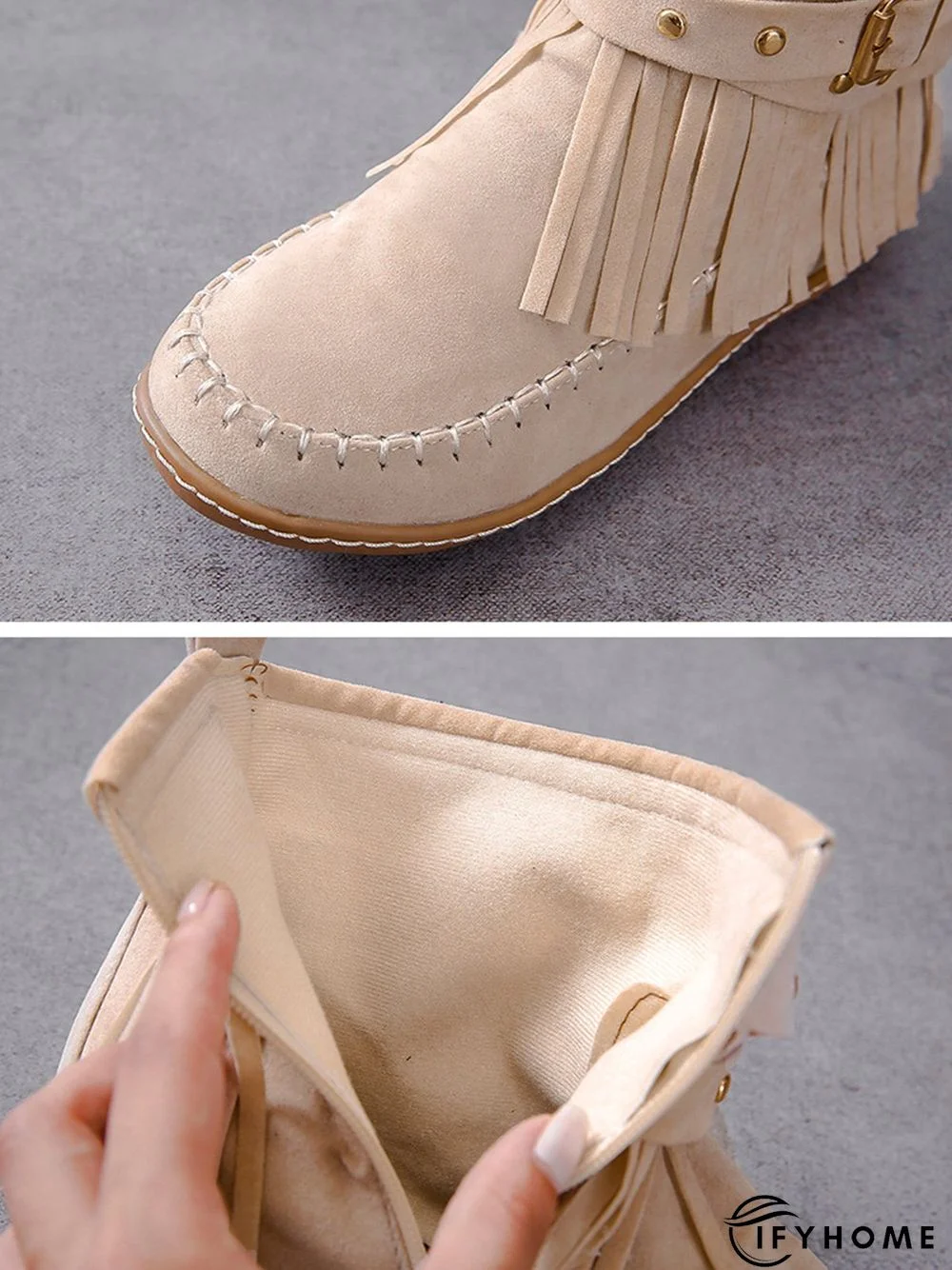 Vintage Fringe Studded Flat Round Toe Buckle Booties | IFYHOME